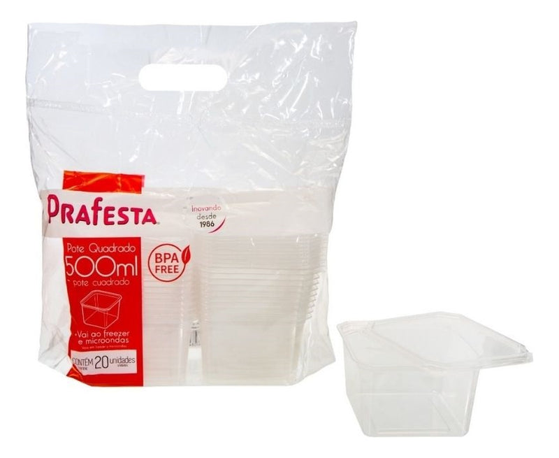 Kit C/5 Pct Pote Quadrado 500ml. C/ Tampa C/20 Un.(prafesta)
