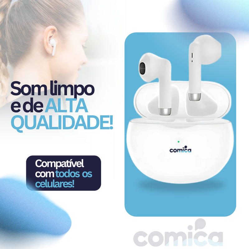 Fone De Ouvido Bluetooth Portátil Comica Sem Fio Compatível Todos Celulares Confortável Tws Recarregável Cor Branco