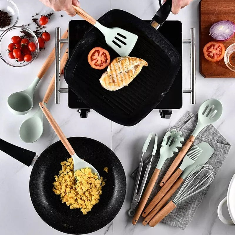 Kit Completo 12 Utensílios De Cozinha Silicone Cabo Madeira Alta Resistência Antiaderente Durável Design Moderno Ideal Para Cozinhar e Servir Com Segurança Ponte Lar Utilidades