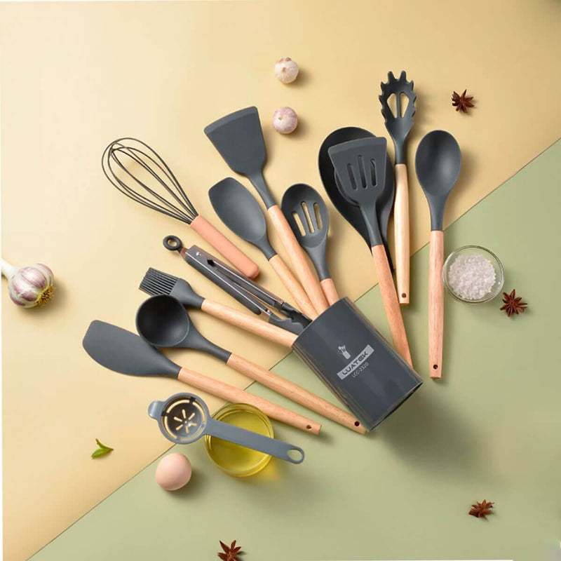 Kit Completo 12 Utensílios De Cozinha Silicone Cabo Madeira Alta Resistência Antiaderente Durável Design Moderno Ideal Para Cozinhar e Servir Com Segurança Ponte Lar Utilidades