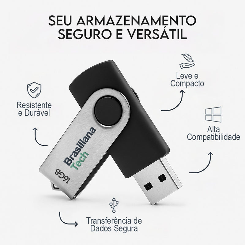 Pendrive 16gb Usb 2.0 Preto Pen Drive Compacto Leve Rápido Memória Flash Drive Compatível Com Windows Linux Macbook Som Automotivo Armazenamento Seguro Durável Resistente Brasiliana Tech