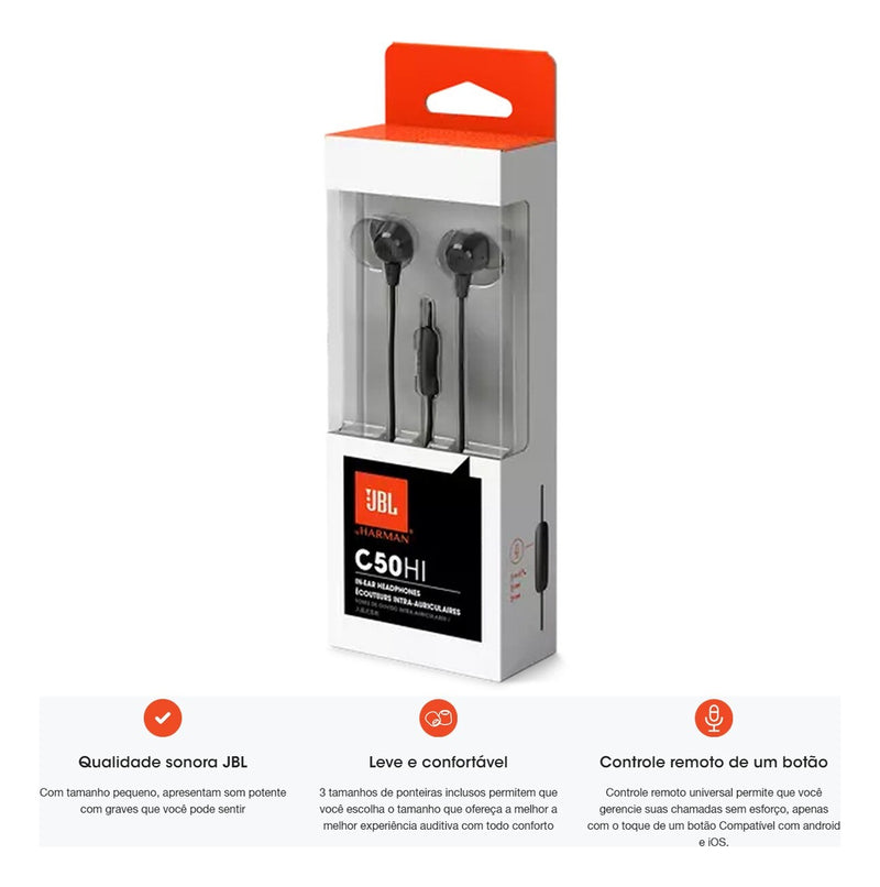 Fones de Ouvido com Microfone e Fio JBL C50HI Cor Preto