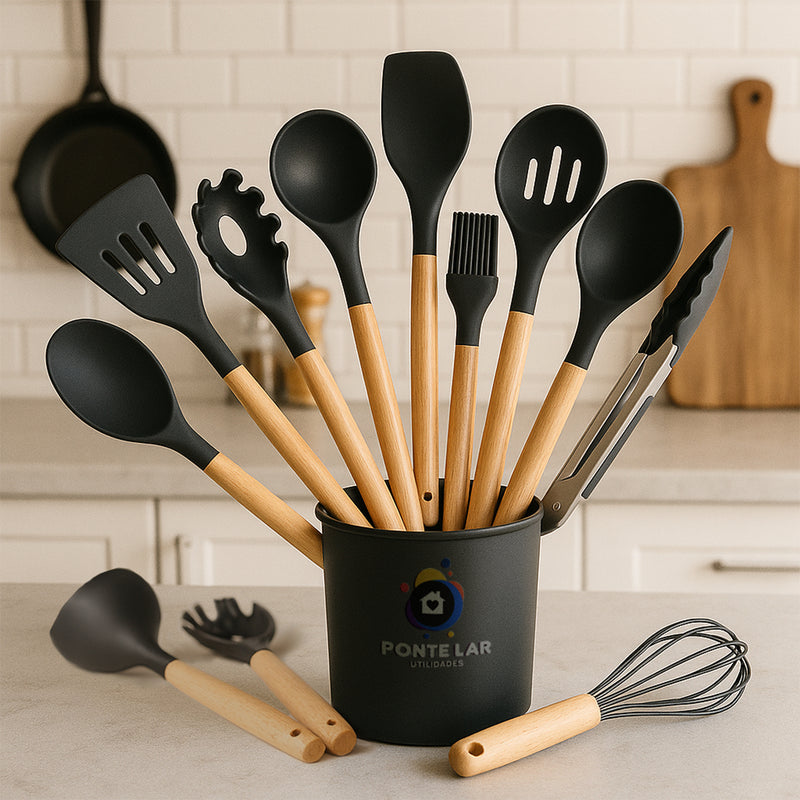 Kit Completo 12 Utensílios De Cozinha Silicone Cabo Madeira Alta Resistência Antiaderente Durável Design Moderno Ideal Para Cozinhar e Servir Com Segurança Ponte Lar Utilidades