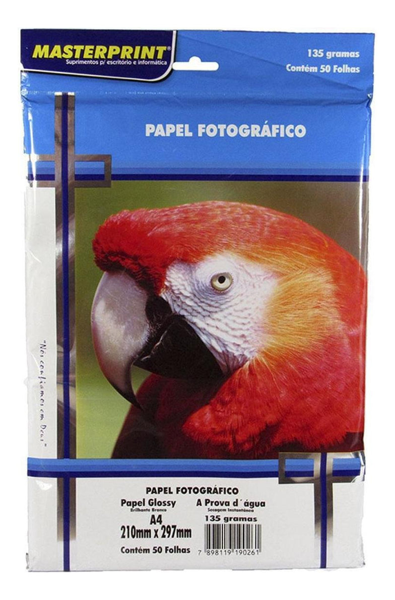 Kit 200 Folhas Papel Fotografico A4 Glossy 180g Masterprint Cor Branco