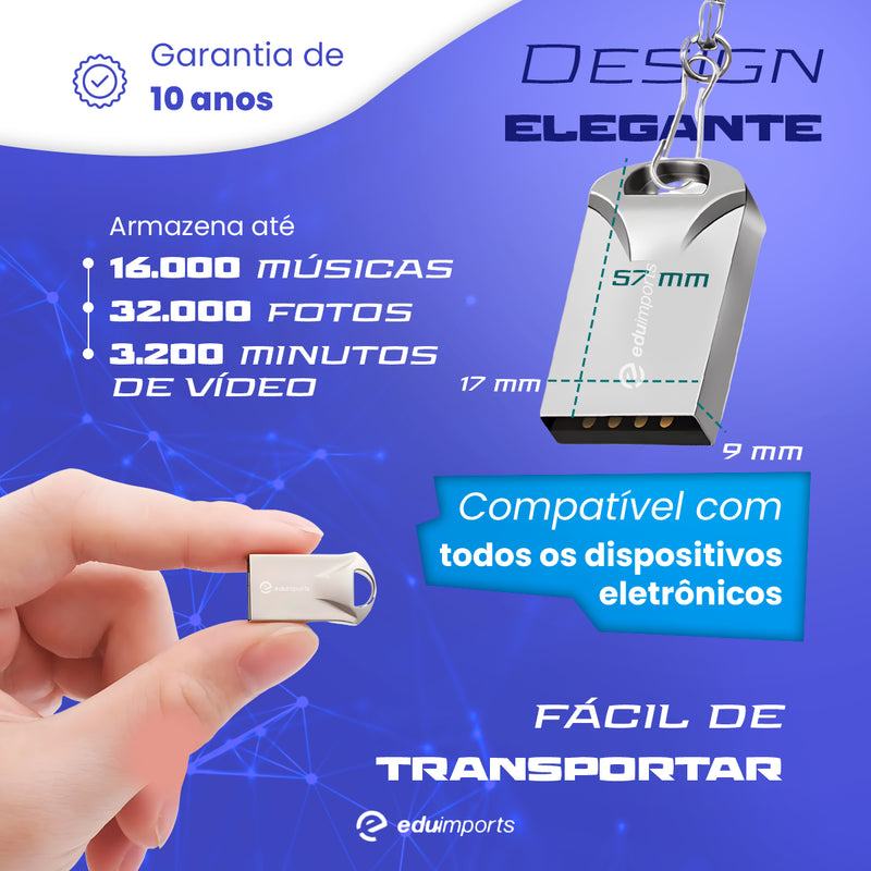 Pen drive 32gb usb 2.0 mini chaveiro metal resistente alta velocidade seguro Eduimports cor prateado
