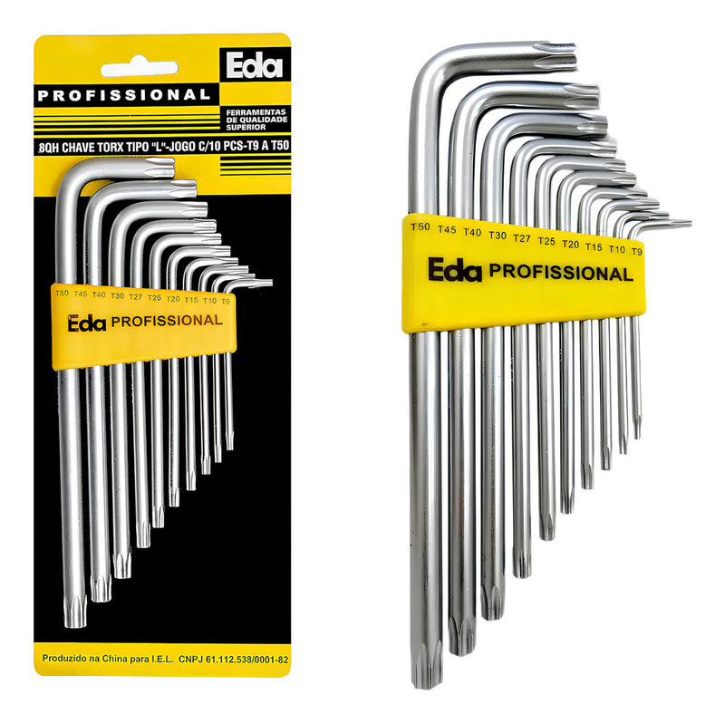 Chave Para Parafuso Torx Aço Tipo L 10 Peças T9 A T50 Eda Cor Amarelo