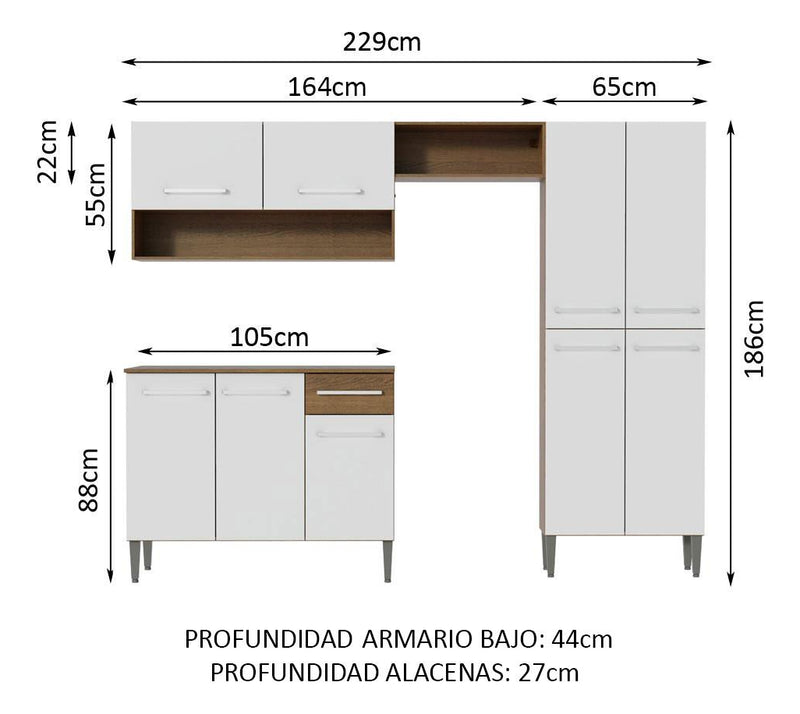 Armário de cozinha modulada completa compacta Emilly pop com armário e balcão cor rustic/preto GREM229002