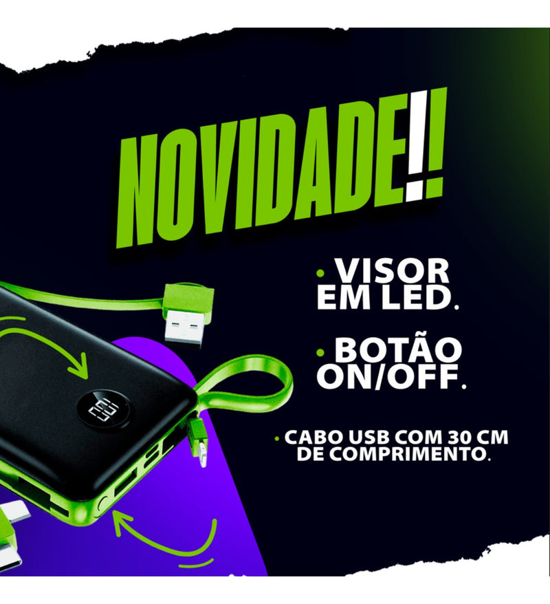 Power Bank 20.000 Mah Carregador Usb Portátil Com Cabo Carregamento Turbo Preto