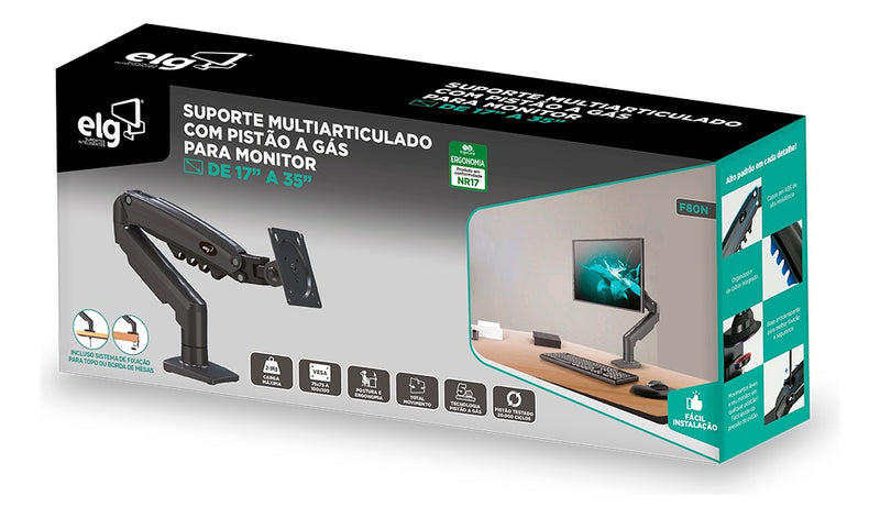 Suporte Articulado de Mesa F80N com Pistão a Gás para Monitores de 17'' a 35'' Preto ELG