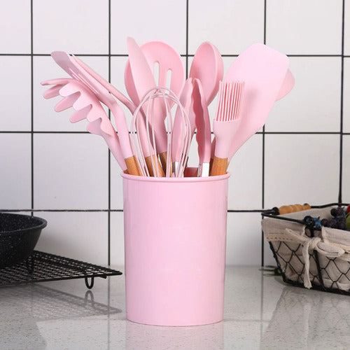 Kit Completo 12 Utensílios De Cozinha Silicone Cabo Madeira Alta Resistência Antiaderente Durável Design Moderno Ideal Para Cozinhar e Servir Com Segurança Ponte Lar Utilidades