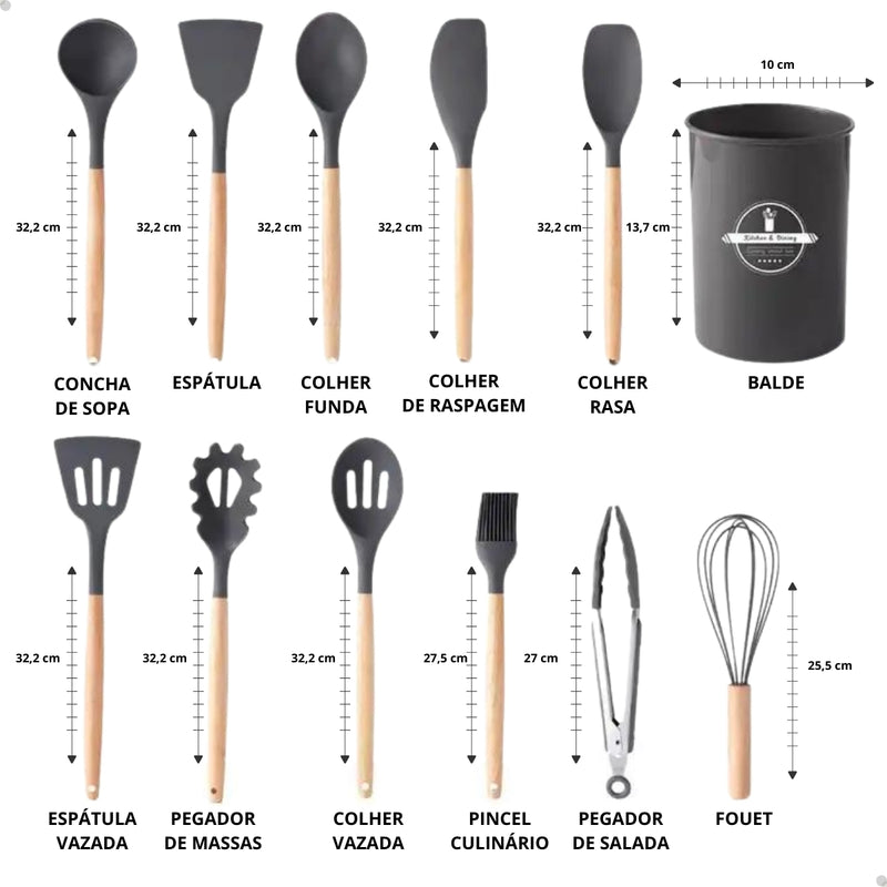 Kit Completo 12 Utensílios De Cozinha Silicone Cabo Madeira Alta Resistência Antiaderente Durável Design Moderno Ideal Para Cozinhar e Servir Com Segurança Ponte Lar Utilidades