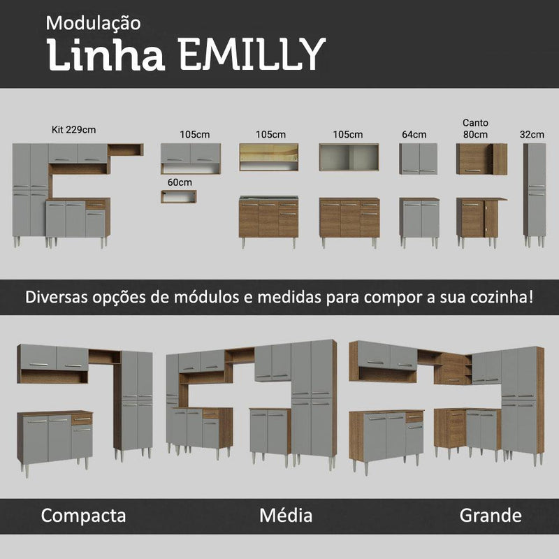 Armário de cozinha modulada completa compacta Emilly pop com armário e balcão cor rustic/preto GREM229002