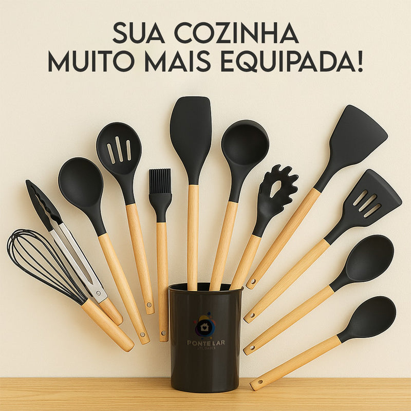 Kit Completo 12 Utensílios De Cozinha Silicone Cabo Madeira Alta Resistência Antiaderente Durável Design Moderno Ideal Para Cozinhar e Servir Com Segurança Ponte Lar Utilidades