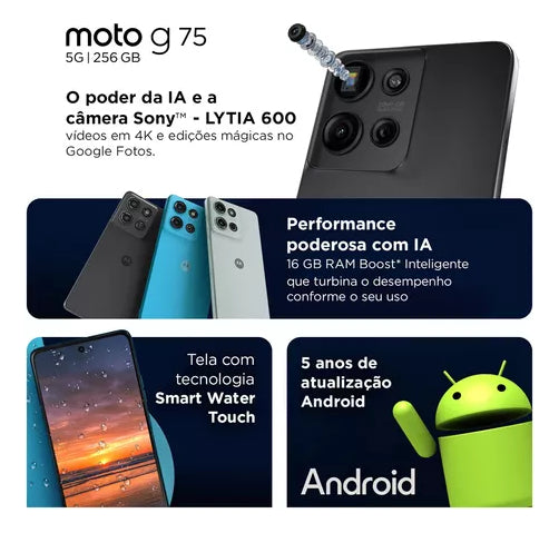 Smartphone Motorola Moto g75 5G - 256GB 16GB (8GB RAM+8GB Ram Boost) e 50MP Sony Lytia 600 Camera Moto AI Ultrarresistencia militar - Preto