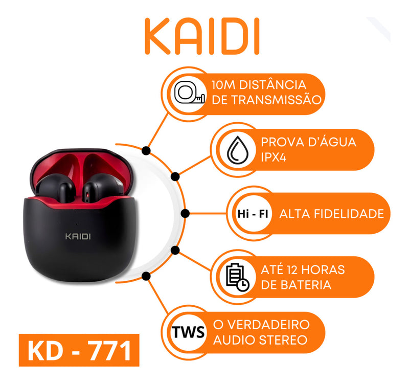 Fone Ouvido Sem Fio Bluetooth V5.1 Kaidi-771 True Wirelees Cor Preto