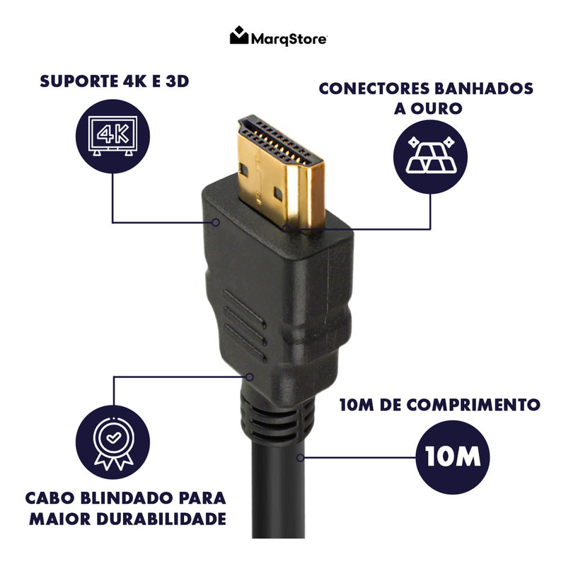 Cabo Hdmi Gold 10m Metros Marqs Home 1.4 HDMI Preto Mts 4k 3d Full Hd Blindado Tv Pc Video Game