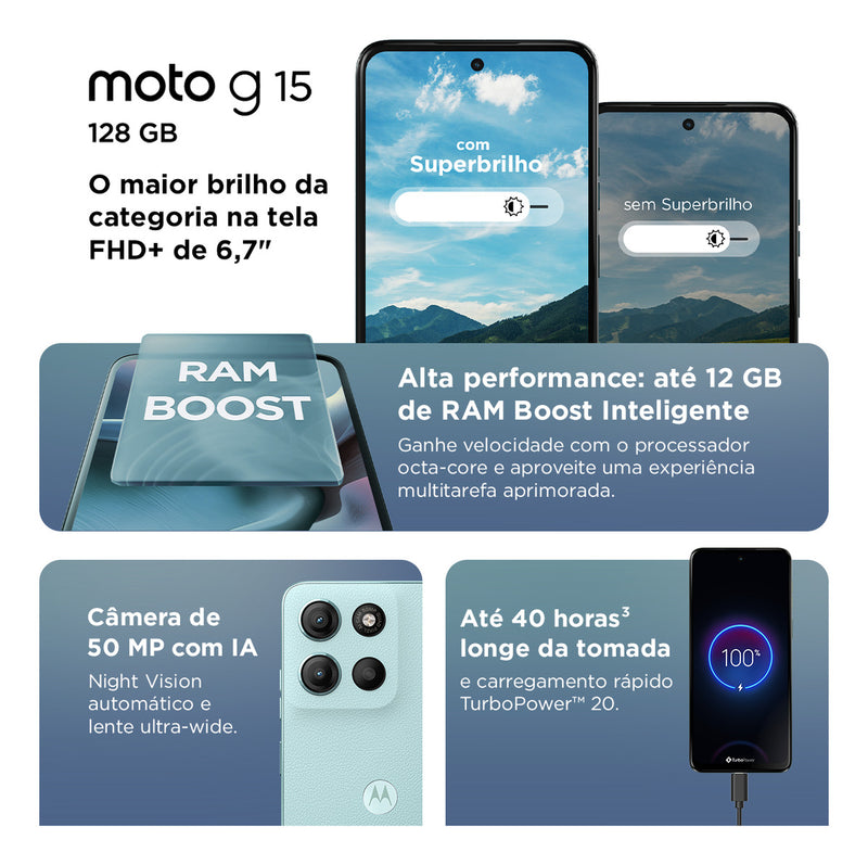 Smartphone Motorola Moto G15 - 128gb 12gb (4gb Ram+8gb Ram Boost) E Camera 50mp Com Ai E Night Vision Bateria De 5200 Mah Tela Fhd+ 6.7 Com Superbrilho Nfc Azul Claro