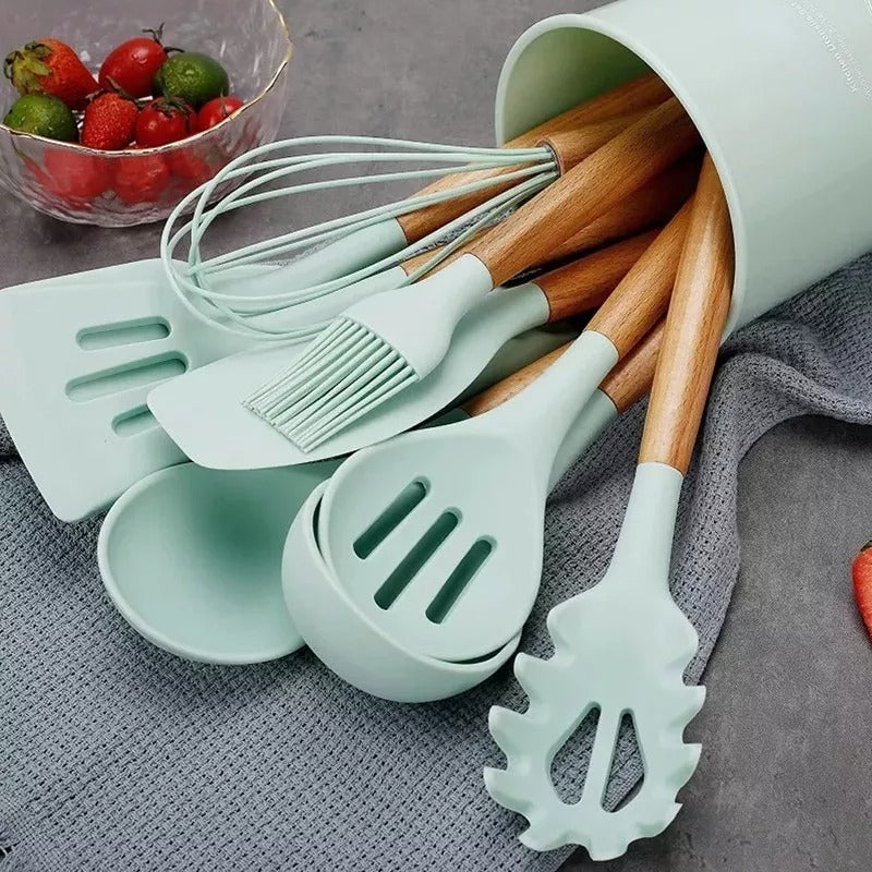 Kit Completo 12 Utensílios De Cozinha Silicone Cabo Madeira Alta Resistência Antiaderente Durável Design Moderno Ideal Para Cozinhar e Servir Com Segurança Ponte Lar Utilidades