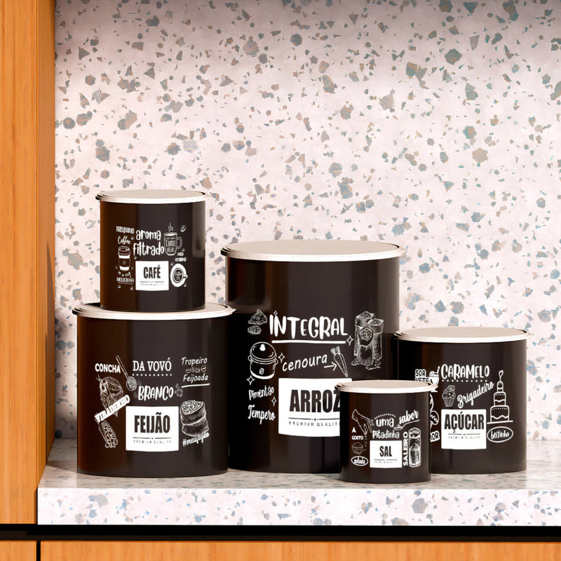 Kit 5 Potes De Mantimentos Plástico Decorado Preto Frases