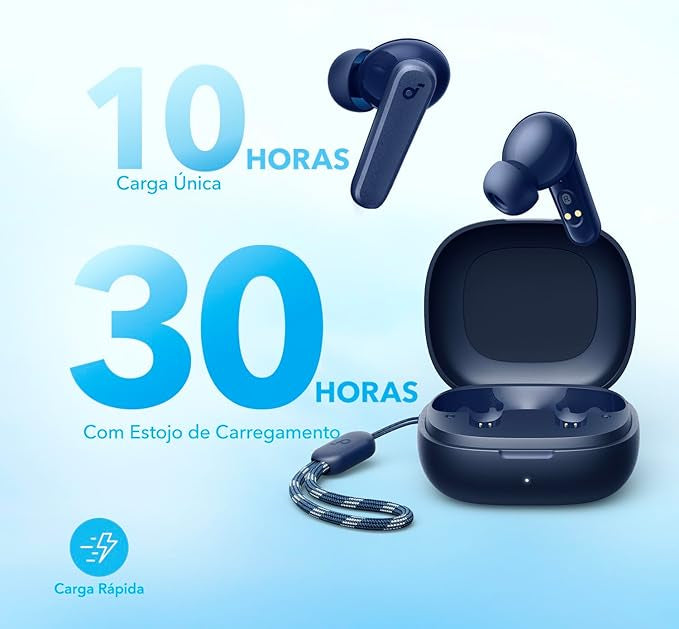 Fone de Ouvido Soundcore P20i Bluetooth 5.3 Grave Potente Drivers 10mm 30h Bateria Carregamento Rápido App Personalização De Som Via App IPX5 2 Mics IA para Chamadas Claras Case Compacto Cor Azul