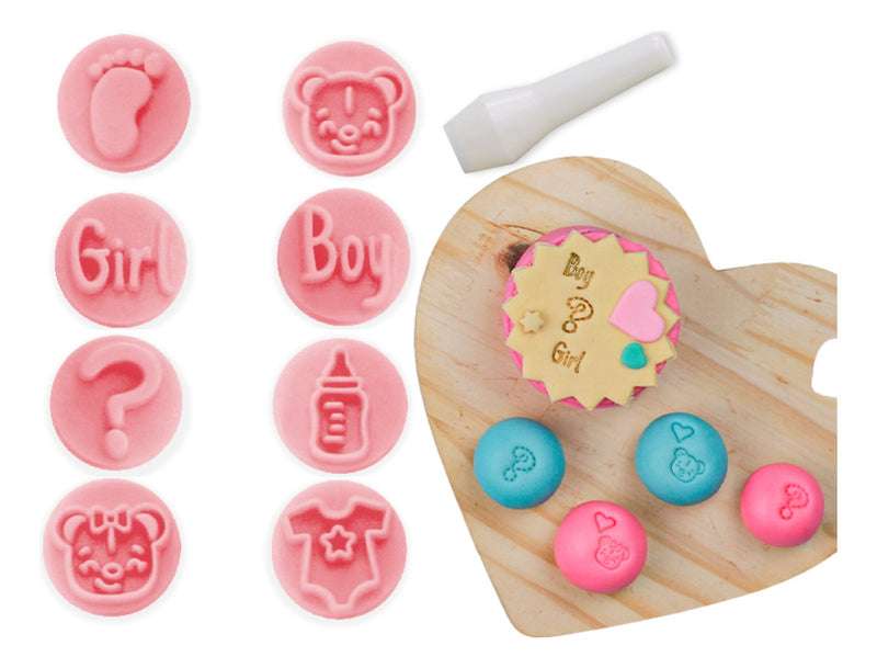Kit Carimbo Chá De Bebê Marcador Revelação 8 Peças Boy Girl Cor Rosa Baby