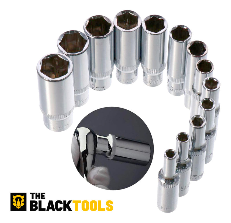 Jogo De Soquetes Longos Sextavado 1/2 Pol Aço Crv 10 A 22mm Tks100 The Black Tools