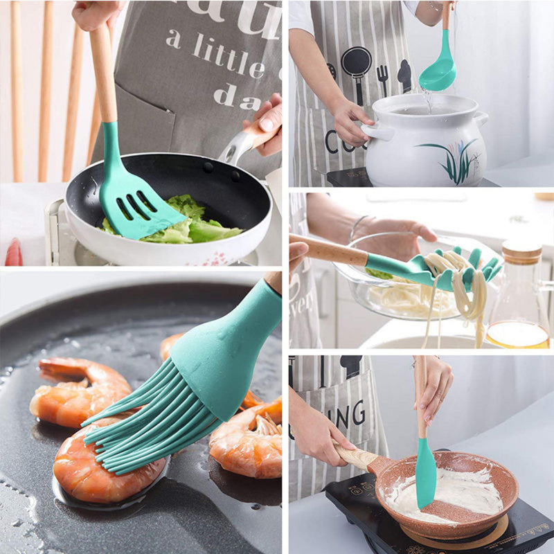Kit Completo 12 Utensílios De Cozinha Silicone Cabo Madeira Alta Resistência Antiaderente Durável Design Moderno Ideal Para Cozinhar e Servir Com Segurança Ponte Lar Utilidades