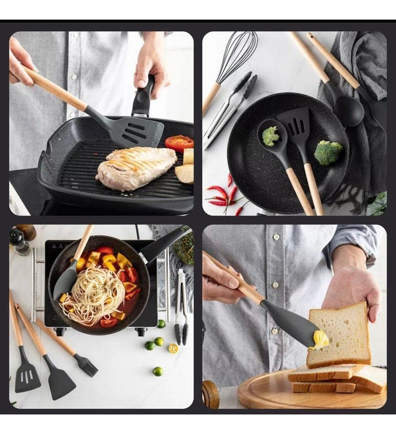 Kit Completo 12 Utensílios De Cozinha Silicone Cabo Madeira Alta Resistência Antiaderente Durável Design Moderno Ideal Para Cozinhar e Servir Com Segurança Ponte Lar Utilidades