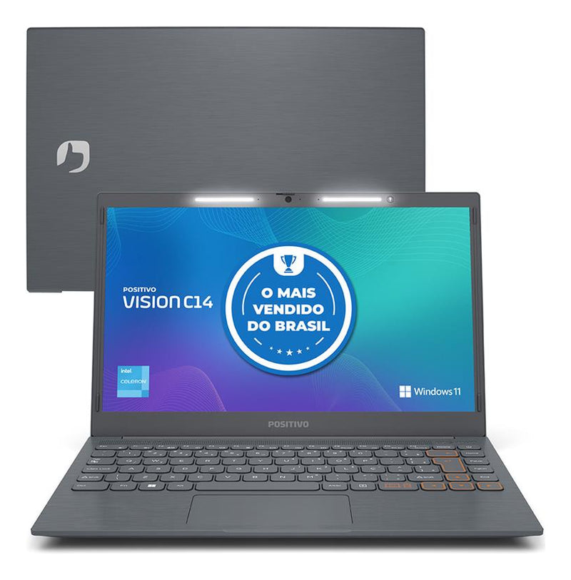 Notebook Positivo Vision C14 Lumina BAR Celeron 4GB 128GB eMMC Tela 14 Polegadas HD Antirreflexo Windows 11 Tecla Link Cinza