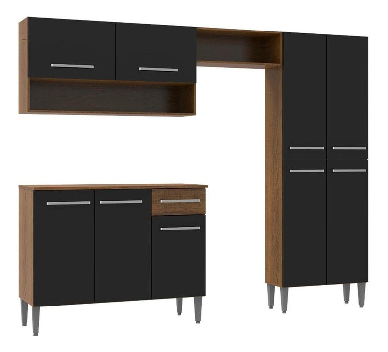Armário de cozinha modulada completa compacta Emilly pop com armário e balcão cor rustic/preto GREM229002