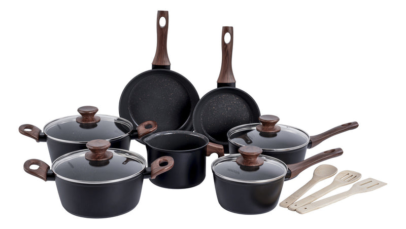 Jogo de panelas de cozinha Mimo Style Cook Fundo de Tripla Indução com 10 peças de alumínio marmol vanila