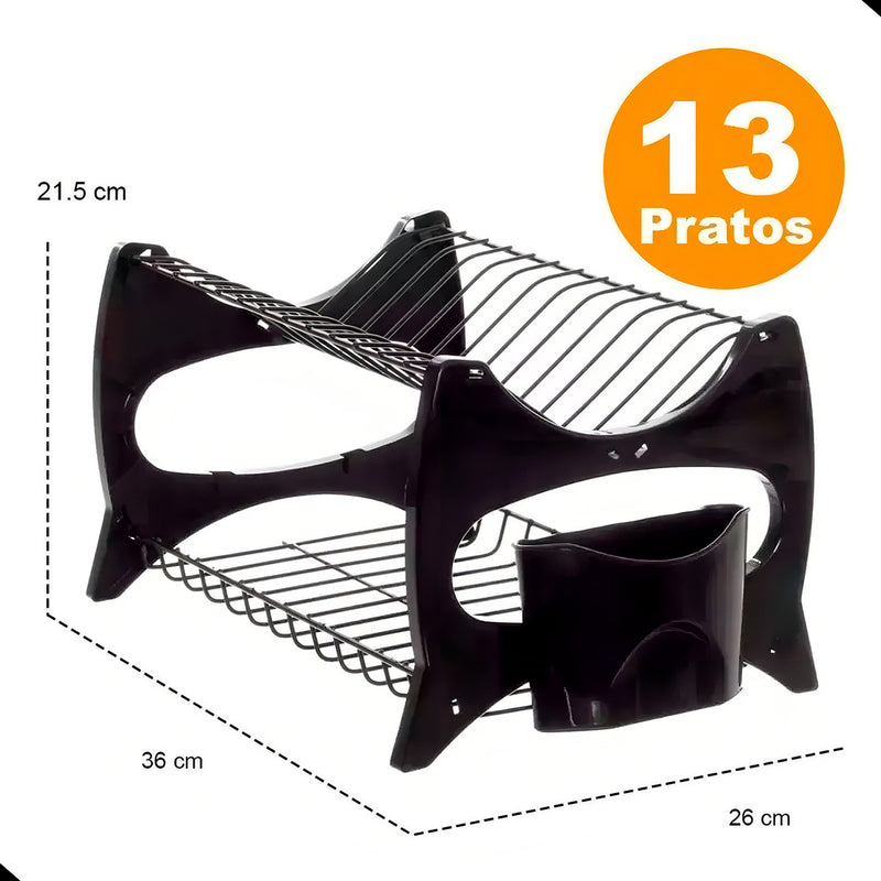 Escorredor de Louças Compacto 13 Pratos Porta Talher Preto Metaltru