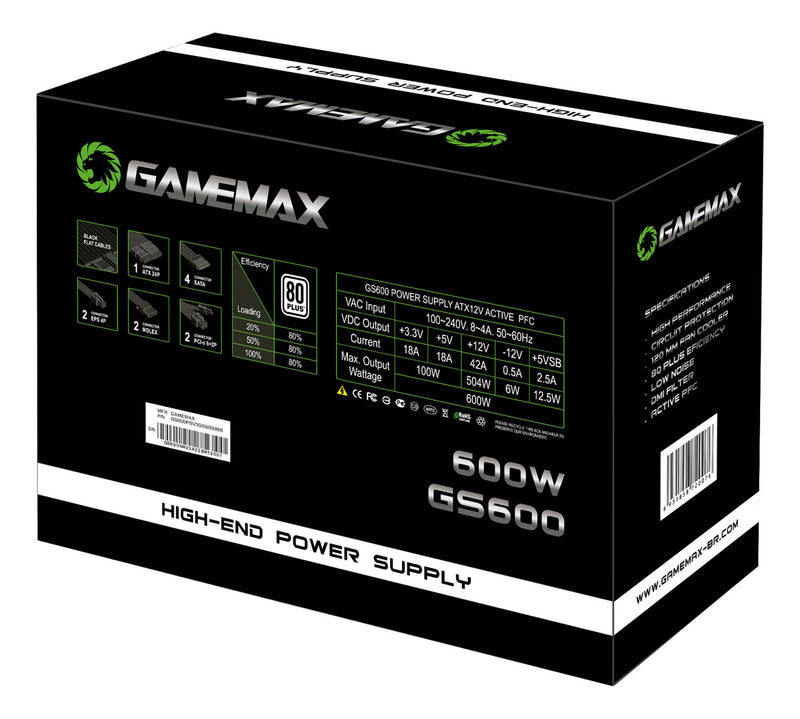 Fonte De Alimentacao 600w Gs600 80 Plus White Gamemax Cor Preto