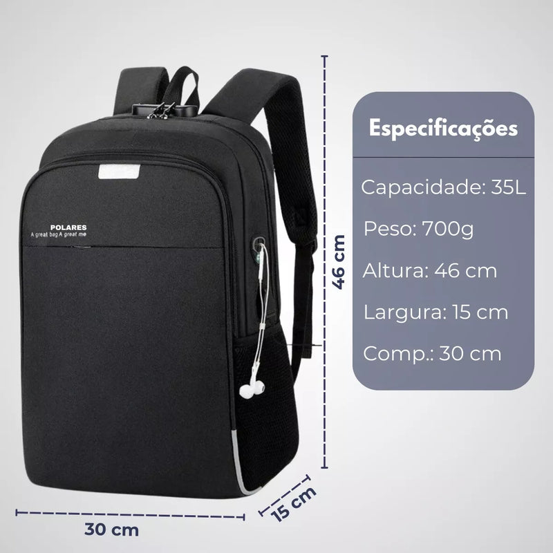 Mochila Anti Furto Polares Notebook Saída Cabo Aux Usb E Fone Ouvido Cor Preto