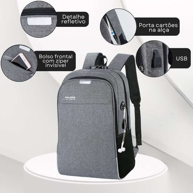 Mochila Anti Furto Polares Notebook Saída Cabo Aux Usb E Fone Ouvido Cor Preto