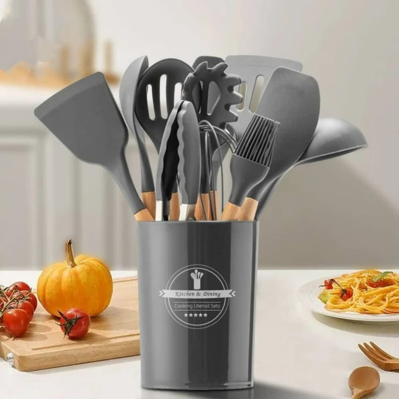 Kit Completo 12 Utensílios De Cozinha Silicone Cabo Madeira Alta Resistência Antiaderente Durável Design Moderno Ideal Para Cozinhar e Servir Com Segurança Ponte Lar Utilidades