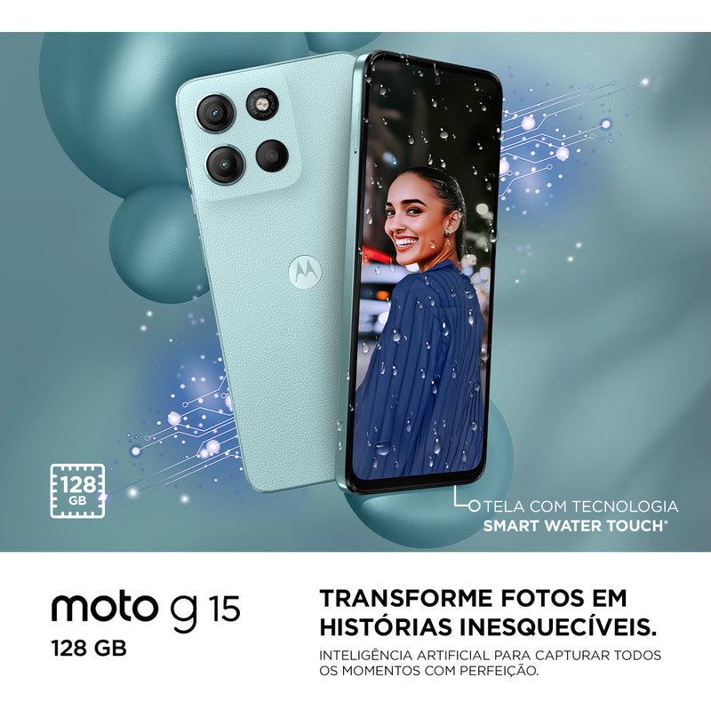 Smartphone Motorola Moto G15 - 128gb 12gb (4gb Ram+8gb Ram Boost) E Camera 50mp Com Ai E Night Vision Bateria De 5200 Mah Tela Fhd+ 6.7 Com Superbrilho Nfc Azul Claro