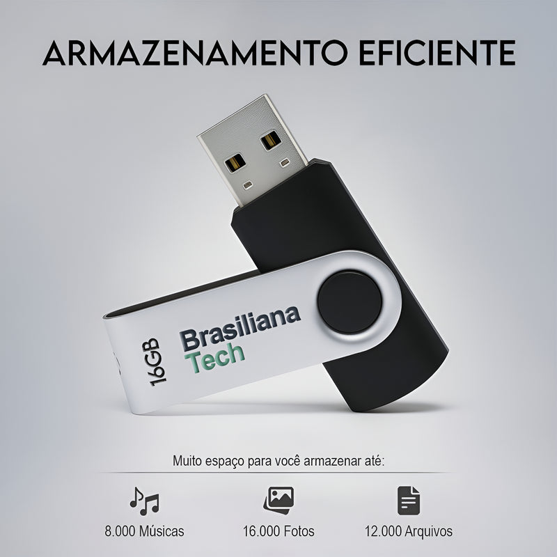 Pendrive 16gb Usb 2.0 Preto Pen Drive Compacto Leve Rápido Memória Flash Drive Compatível Com Windows Linux Macbook Som Automotivo Armazenamento Seguro Durável Resistente Brasiliana Tech