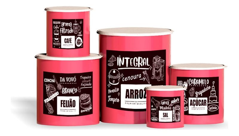 Kit 5 Potes De Mantimentos Plástico Decorado Preto Frases