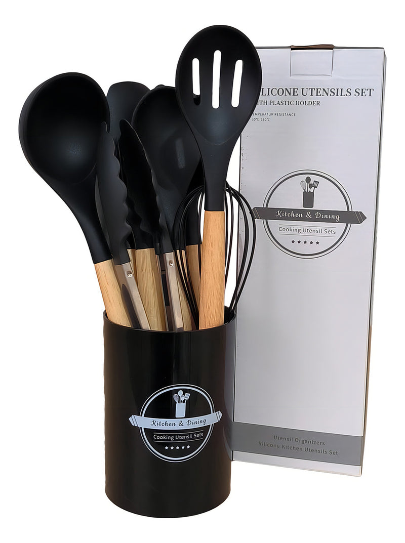 Kit Completo 12 Utensílios De Cozinha Silicone Cabo Madeira Alta Resistência Antiaderente Durável Design Moderno Ideal Para Cozinhar e Servir Com Segurança Ponte Lar Utilidades