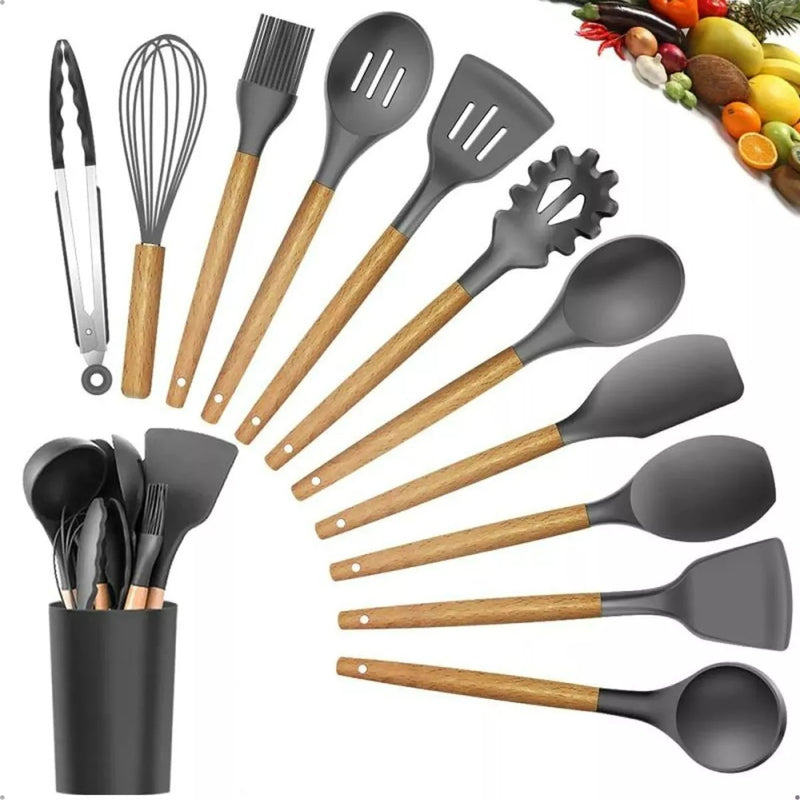 Kit Completo 12 Utensílios De Cozinha Silicone Cabo Madeira Alta Resistência Antiaderente Durável Design Moderno Ideal Para Cozinhar e Servir Com Segurança Ponte Lar Utilidades