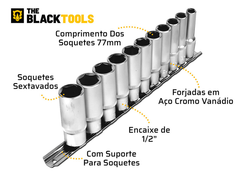 Jogo De Soquetes Longos Sextavado 1/2 Pol Aço Crv 10 A 22mm Tks100 The Black Tools