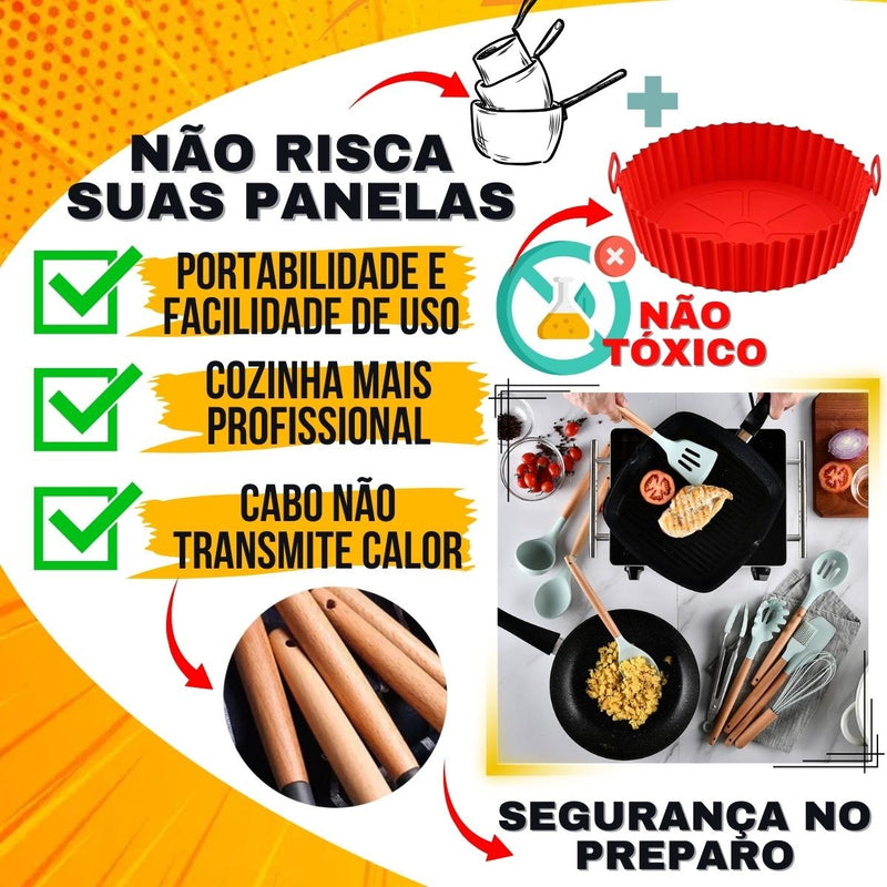 Kit Completo 12 Utensílios De Cozinha Silicone Cabo Madeira Alta Resistência Antiaderente Durável Design Moderno Ideal Para Cozinhar e Servir Com Segurança Ponte Lar Utilidades