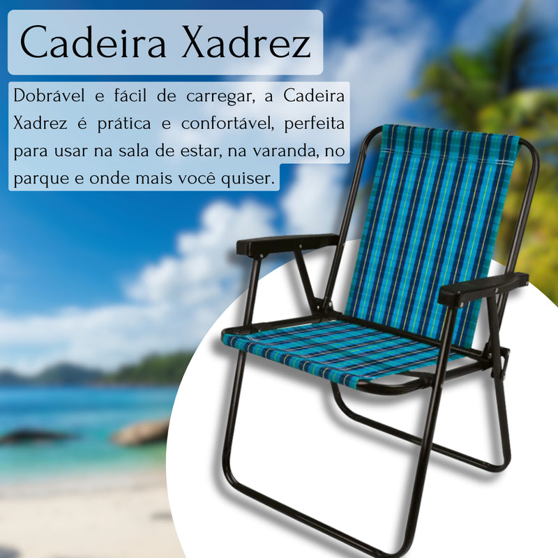 Cadeira De Praia Aço Xadrez Retro Jardim Piscina Camping