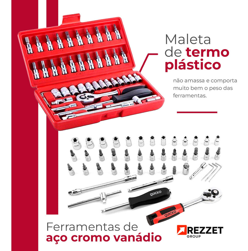Jogo Combo Kit De Chave De Fenda Philips Soquete 46 Peças Aço Crv 1/4 Maleta Vermelho