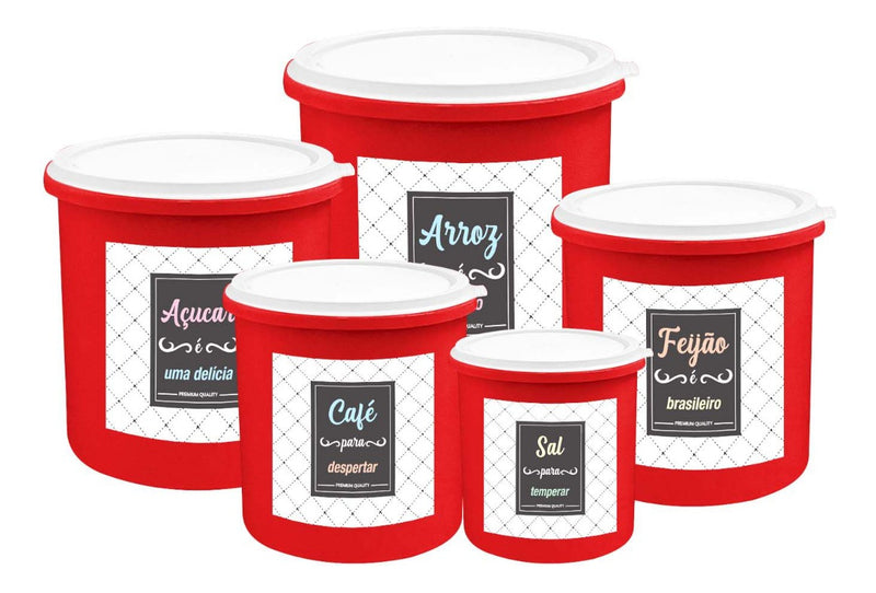 Kit 5 Potes De Mantimentos Plástico Decorado Preto Frases