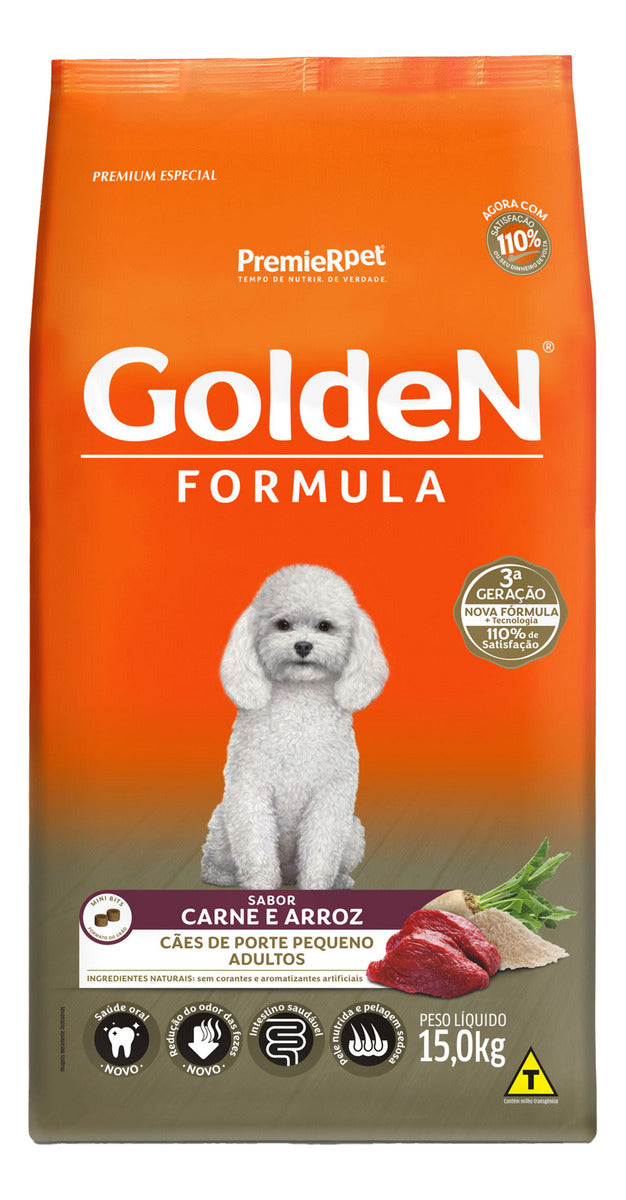 Ração Golden Fórmula Mini Bits para Cães Adultos de Pequeno Porte Sabor Carne e Arroz 15kg