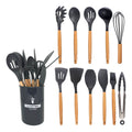 Kit Completo 12 Utensílios De Cozinha Silicone Cabo Madeira Alta Resistência Antiaderente Durável Design Moderno Ideal Para Cozinhar e Servir Com Segurança Ponte Lar Utilidades