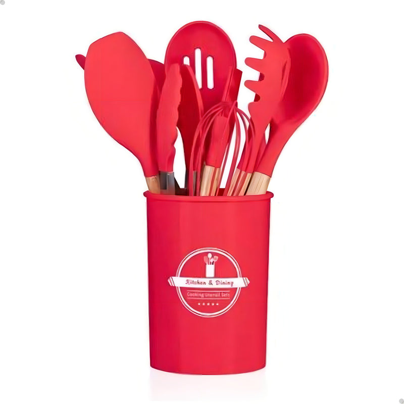 Kit Completo 12 Utensílios De Cozinha Silicone Cabo Madeira Alta Resistência Antiaderente Durável Design Moderno Ideal Para Cozinhar e Servir Com Segurança Ponte Lar Utilidades