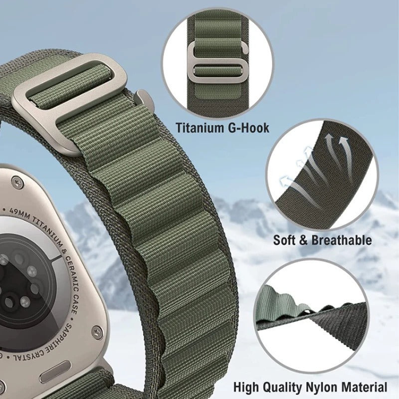 Pulseira Alpine para apple watch ultra 49mm/45mm/44mm/42mm de larguras feita em nylon/ elastano fivela (g-hook loop) cor preto comprimento total 21